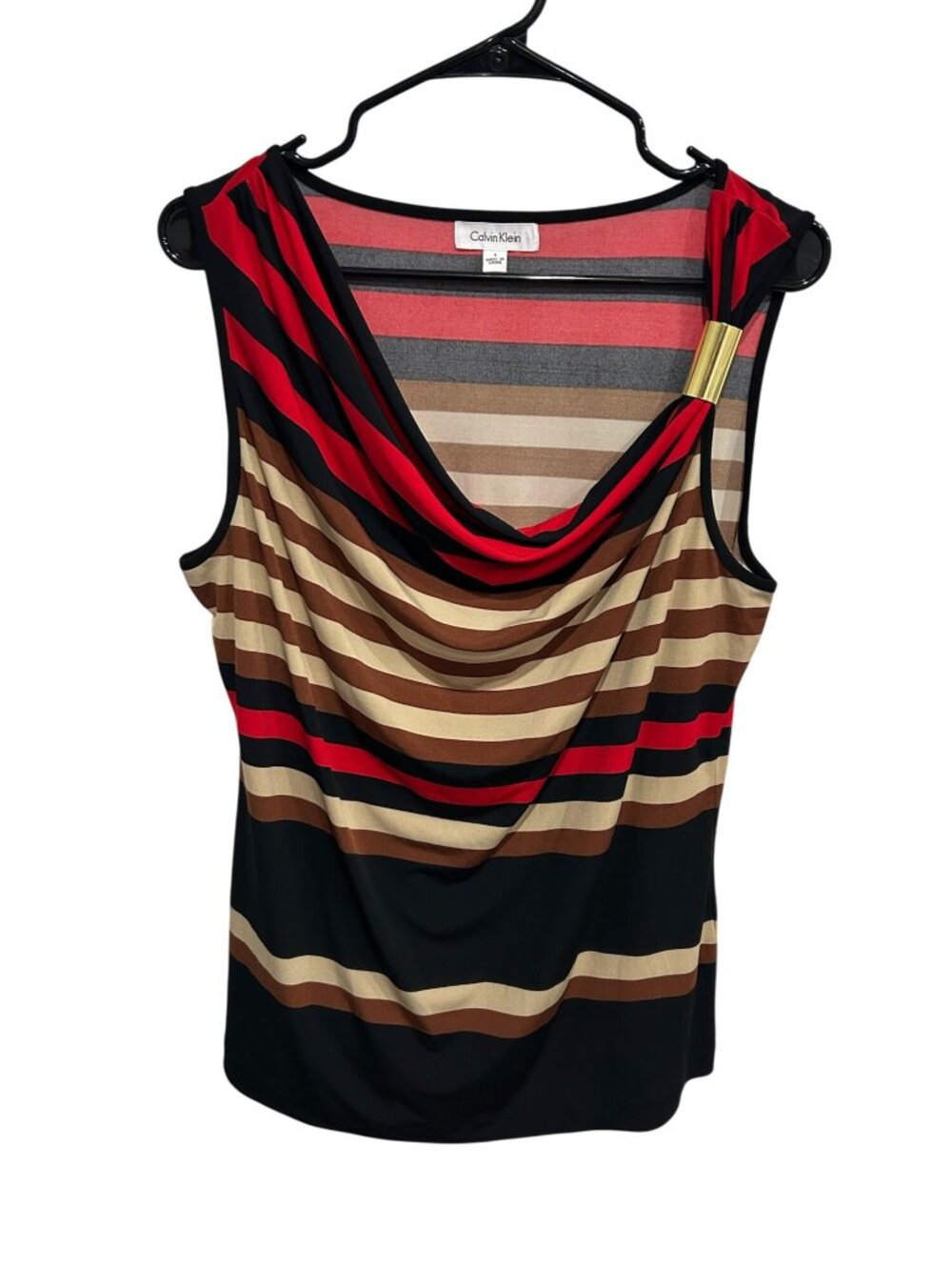 Calvin Klein Womens Striped Sleeveless Cowl Neck Top Sz L Quiet Luxury Nautical